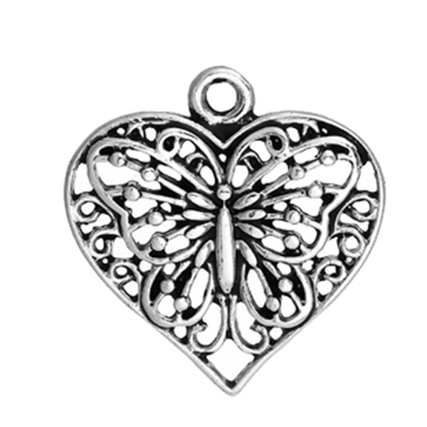 Antique Silver Butterfly Heart Charms - Set of 3