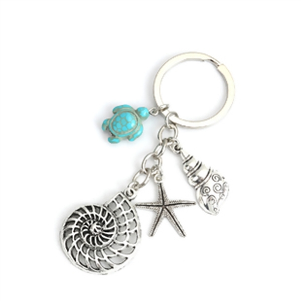 Ocean Jewelry Keychain with Keyring - Nautilus, Turtle, Seashell and Starfish