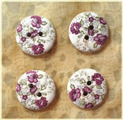 Floral Decorated Wooden Buttons - 3/4" Set of 4