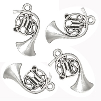 Antiqued Silver Tone French Horn Charms - Set of 4