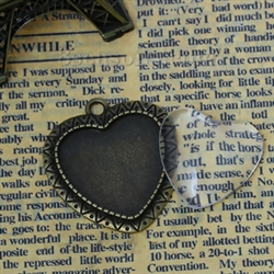 Antique Bronze Heart Charm With Glass Cabochons Set of 2