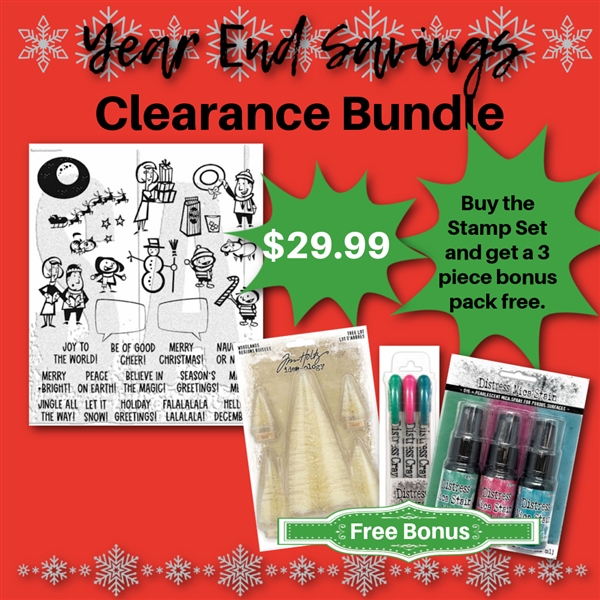 Clearance Bundle Tim Holtz Christmas Cartoons Stamp CMS473 Woodland Tree Lot TH94211 Distress Crayons #4 TSCK81100 Distress Mica Stain Set #2 TSCK78241