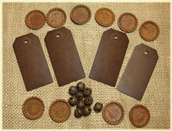 Rusted Metal Embellishments - Bells, Bottle Caps, Tags  - 24 Piece Set