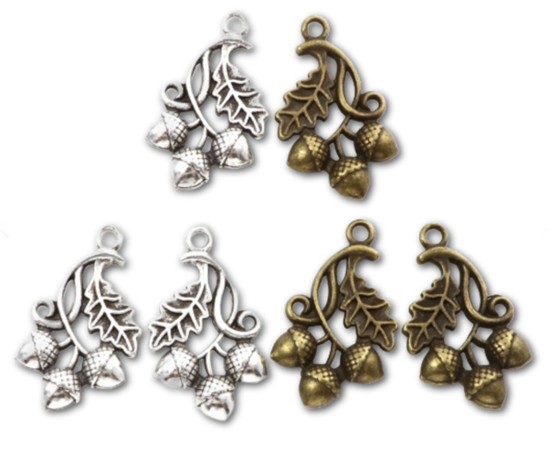 Set of 6 Antiqued Silver Tone & Antiqued Bronze Tone Acorn & Leaves Charms