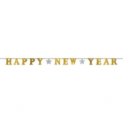 Happy New Year Ribbon Banner w/Glitter Paper Letters - Silver & Gold | Party Supplies