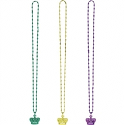 Mardi Gras Bead Necklaces w/Crown Pendant | party supplies