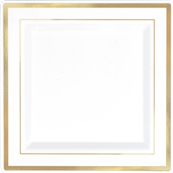 Premium 7-1/4" Plastic Square White Plates w/Gold Trim | Party Supplies