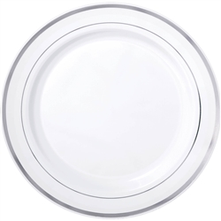 Premium 10-1/4" Plastic White Plates w/Metallic Silver Trim | Party Supplies