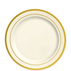 Premium 7-1/2" Plastic Cream Plates w/Metallic Gold Trim | Party Supplies