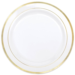 Premium  10-1/4" Plastic White Plates w/Metallic Gold Trim | Party Supplies