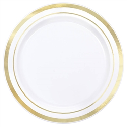Premium 6-1/4" Plastic White Plates w/Metallic Gold Trim | Party Supplies