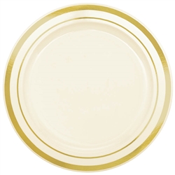 Premium 6-1/4" Plastic Cream Plates w/Metallic Gold Trim | Party Supplies