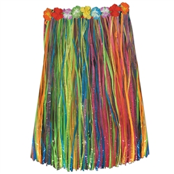 Multi-Color Adult Artificial Grass Hula Skirt with Floral Waistband