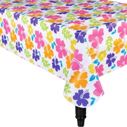 Hibiscus White Flannel Backed Table Cover | Luau Party Supplies
