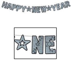 Black & Silver Glittered Happy New Year Streamer