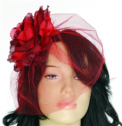 Royal Fascinator Red Flower With Veil Hair Clip | Kentucky Derby Apparel
