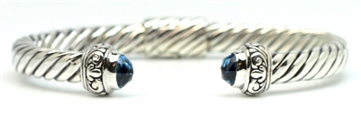 Sterling Silver Hinged Flat Rope Blue Topaz Cuff Bracelet