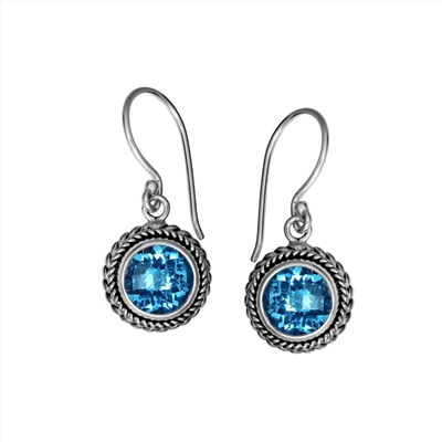 Sterling Silver Faceted Round Blue Topaz Dangle Earrings