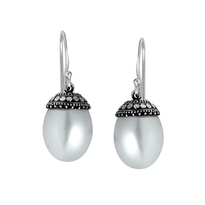 Sterling Silver Oval Shell Pearl Dangle Earrings