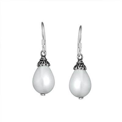Sterling Silver Oval Shell Pearl Teardrop Dangle Earrings