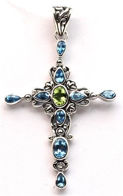 Sterling Silver Blue Topaz and Peridot Cross Pendant