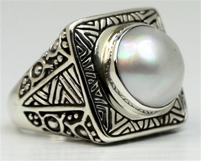Sterling Silver Detailed Square Mabe Pearl Dome Ring
