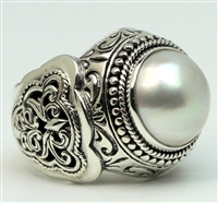 Sterling Silver Filigree Round Mabe Pearl Dome Ring