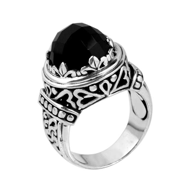Sterling Silver Faceted Black Onyx Dome Bali Ring