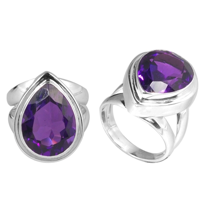 Sterling Silver Faceted Amethyst Almond Drop Ring