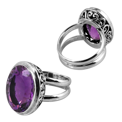 Sterling Silver Faceted Amethyst Filigree Bali Ring