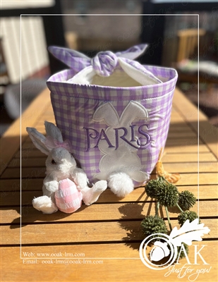 Plaid Embroidered Easter Basket w Bunny Ear Handle
