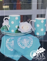 Embroidered Teal Table Napkins w Bumble Bee, Wreath and Crown