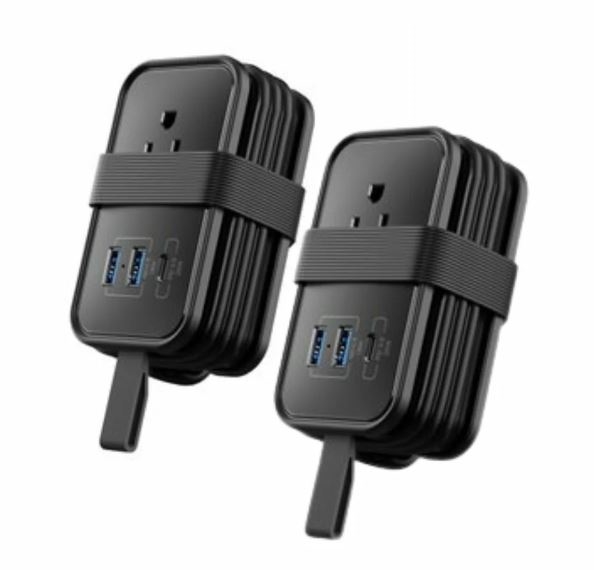 Uncaged Ergonomics Travel Charger Non Surge Cruise Approved Power Strip w/3 AC, 2 USB ports, 1 Fast Charging USB-C, 3ft Cable (BLACK 2 PACK)