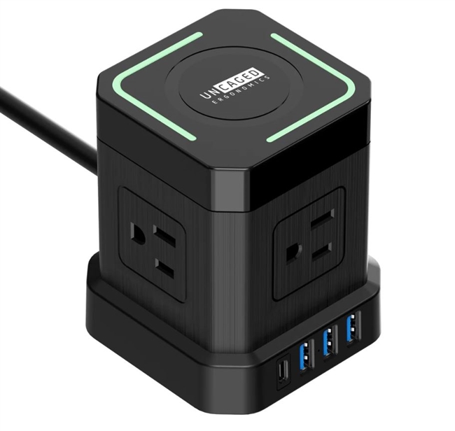Uncaged Ergonomics Wireless Charger Cube Power Strip w/4 AC, 1 Fast Charging USB-C, 10ft Cable