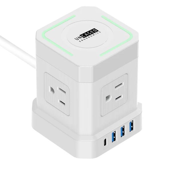 Uncaged Ergonomics Wireless Charger Cube Power Strip w/4 AC, 1 Fast Charging USB-C, 10ft Cable (WHITE)