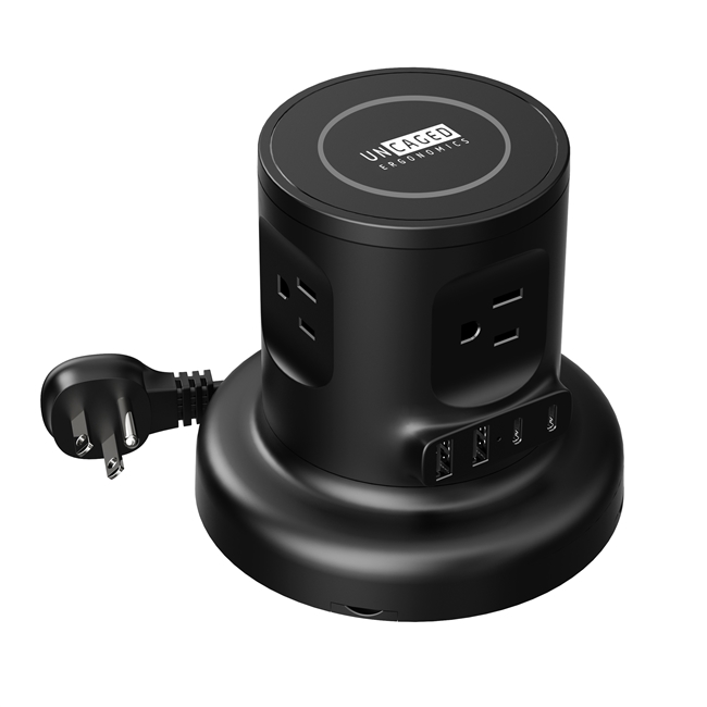 Uncaged Ergonomics Wireless Retractable Power Strip with Auto Cord Management & Wireless Charger