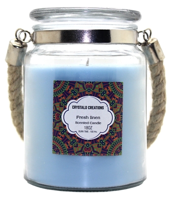 Crystalo Creations Fresh Linen Scented Candle with Rope Handle, 18 Ounce