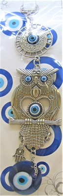 Evil Eye - Silver colored Flat Owl with Hamsa and Evil Eye ornament /Charm 10"