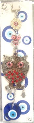 Evil Eye - Owl with red Rhinestone and Evil Eye ornament and Bells /Charm 10"