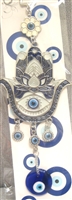 Evil Eye - White Hamsa with Blue outline and Evil Eye ornament and Bells /Charm 10"
