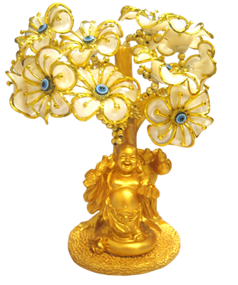 Gold colored Evil Eye Bonsai tree with Buddha and White Flowers