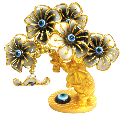 Gold colored Evil Eye Bonsai tree with Elephants and Blue Flowers Model  D-608