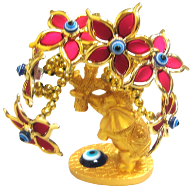 Gold colored Evil Eye Bonsai tree with Elephants and Red Flowers Model  D-612