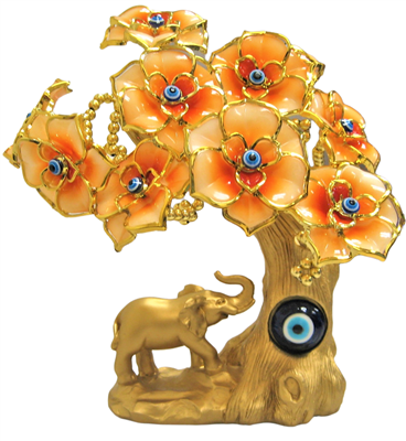 Gold Colored Evil Eye Bonsai tree with Elephant and Orange Flowers Model DV-28