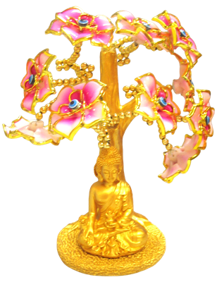 Gold colored Evil Eye Bonsai tree with Kwan Yin and Pink Flowers