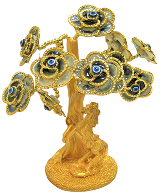 Gold colored Evil Eye Bonsai tree with Horse and Blue Flowers Model  L-02