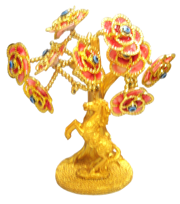 Gold colored Evil Eye Bonsai tree with Horse and Red Flowers Model  L-02-2