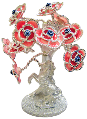 Silver colored Evil Eye Bonsai tree with Horse and Red Flowers Model  L-02