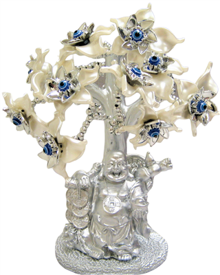 Silver colored Evil Eye Buddha with White Flowers Model  LY-015