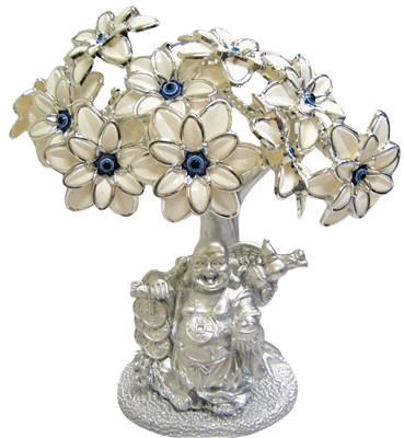 Silver colored Evil Eye Buddha with White Flowers Model  LY-026